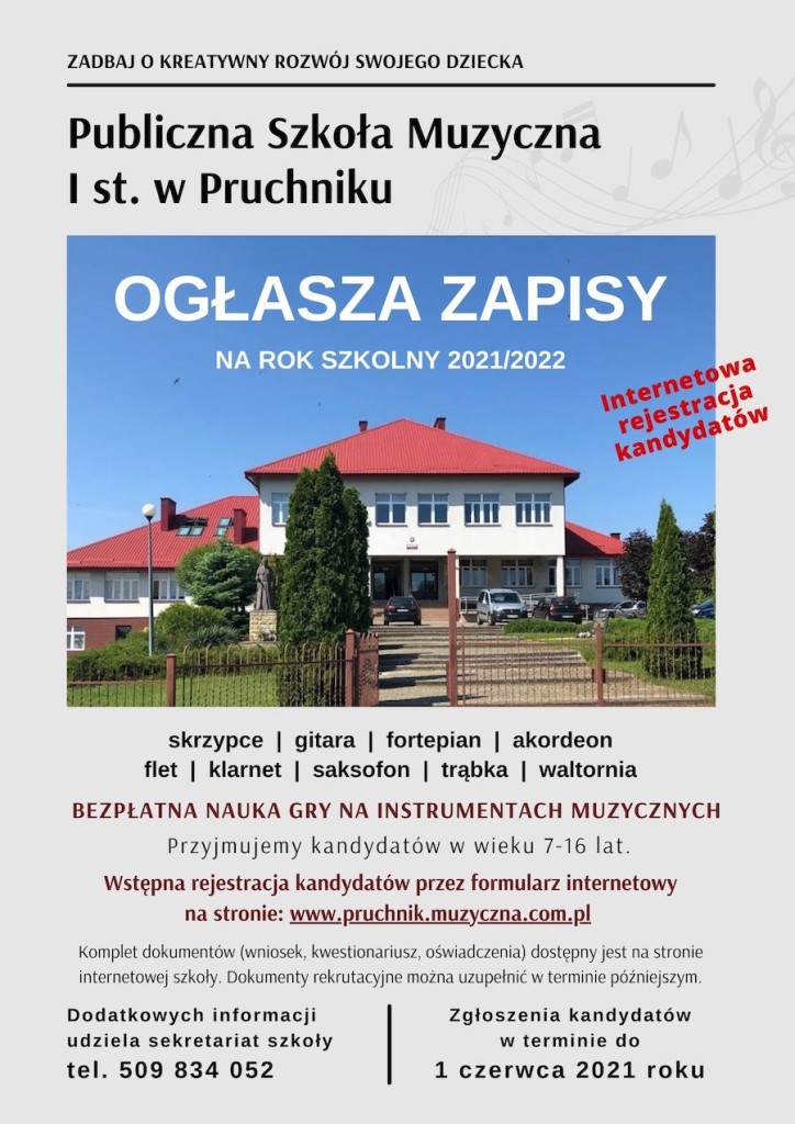 Zapisy do Szkoły Muzycznej w Pruchniku na rok szkolny 2021 2022